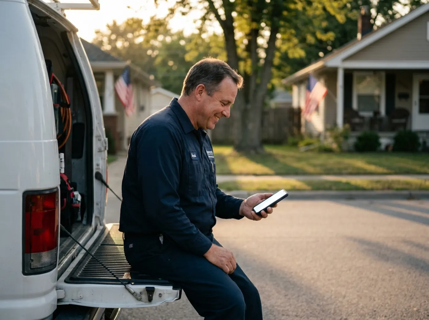 HVAC owner on the back of his service van at golden hour, smiling at a job-booked notification — PickupBell handled the call