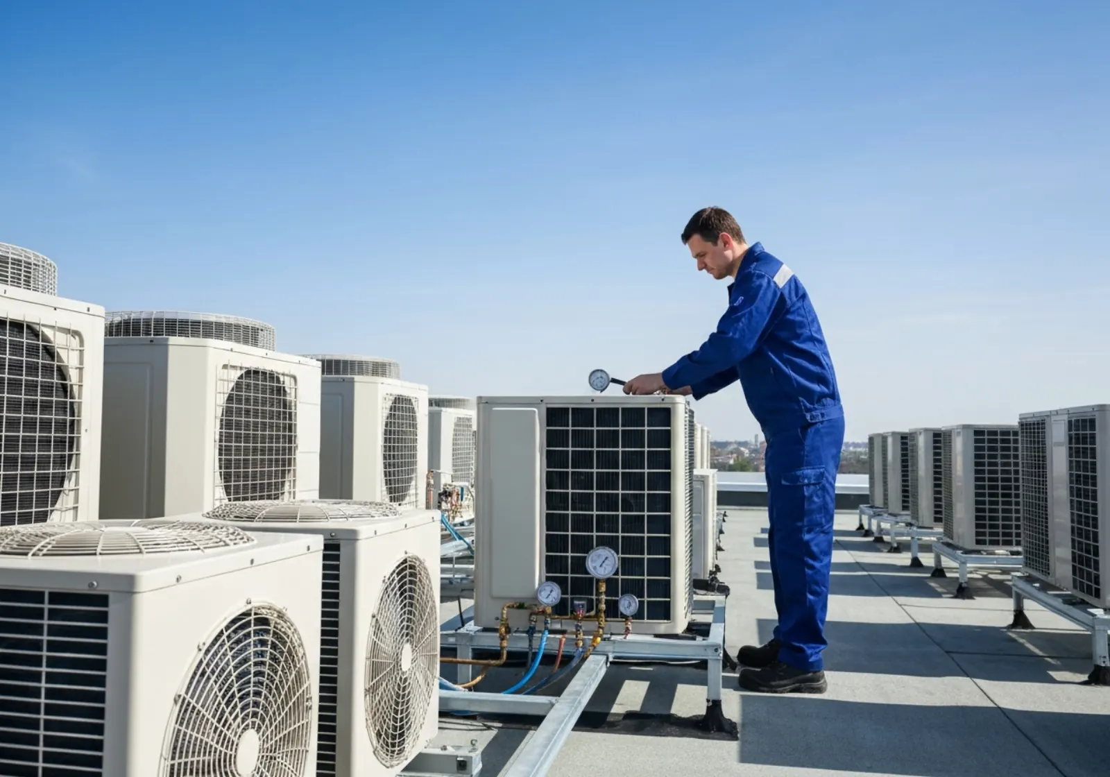 HVAC technician servicing commercial air conditioning system