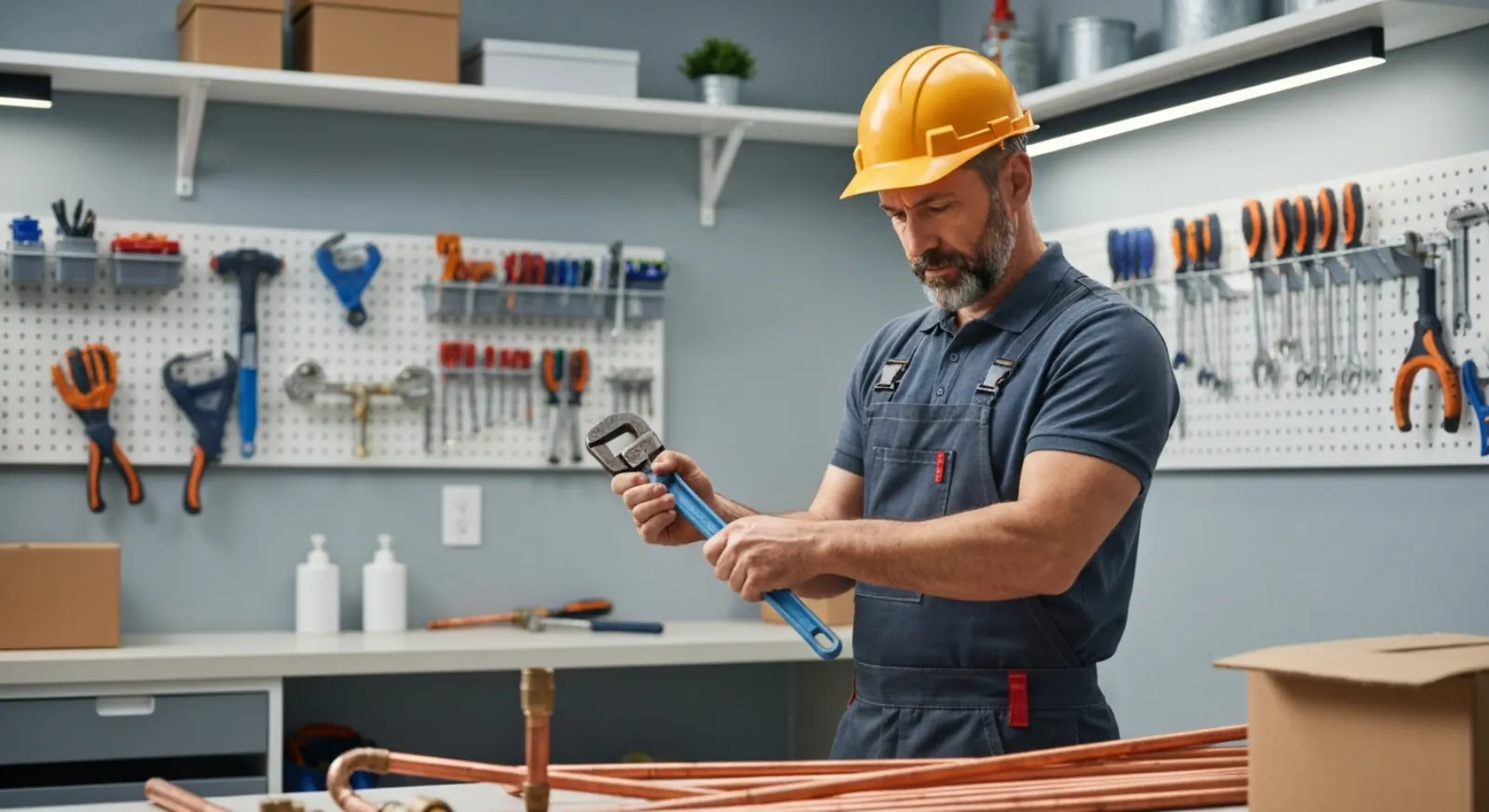 Professional plumber repairing pipes under kitchen sink