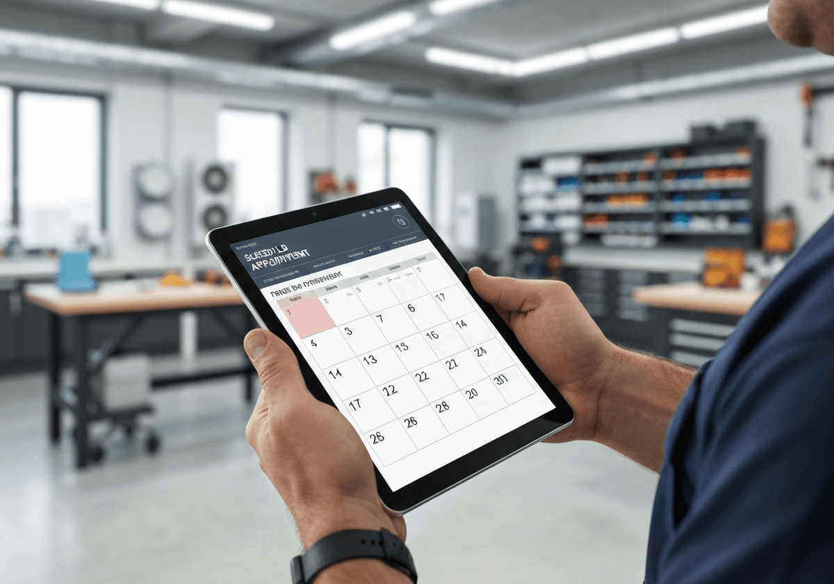Contractor reviewing schedule on tablet at job site
