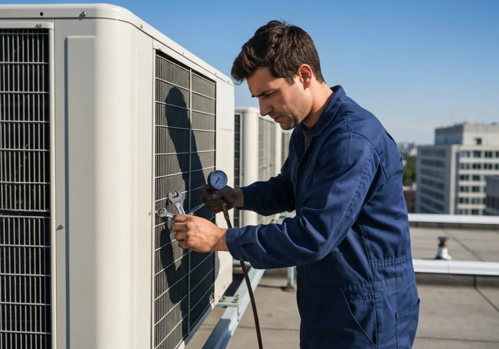 HVAC technician servicing rooftop air conditioning unit